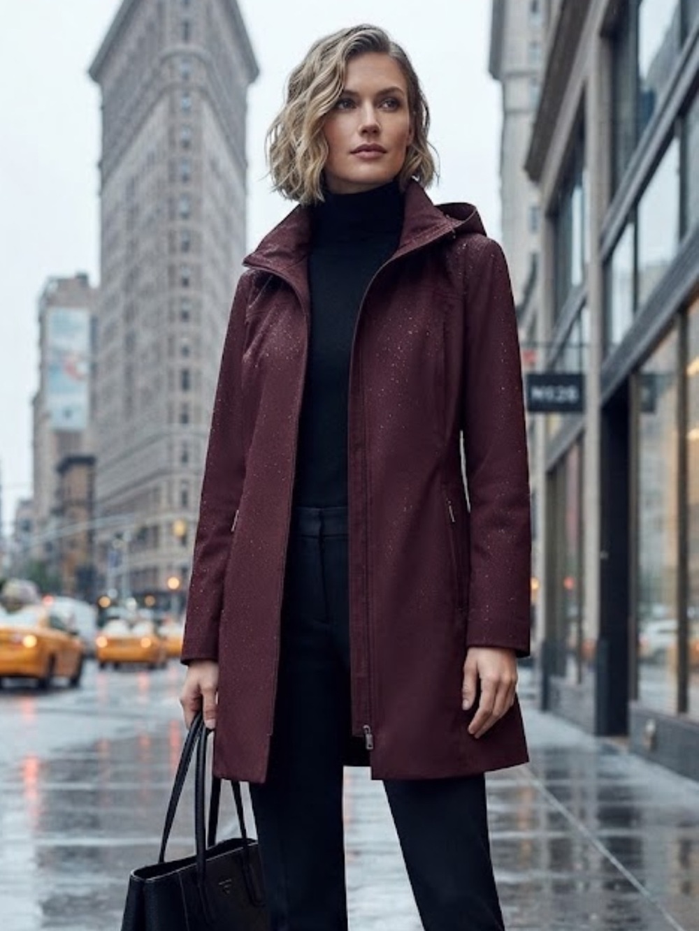 Andrew Marc Burgundy Softshell Rain Coat Jacket with Removable Hood